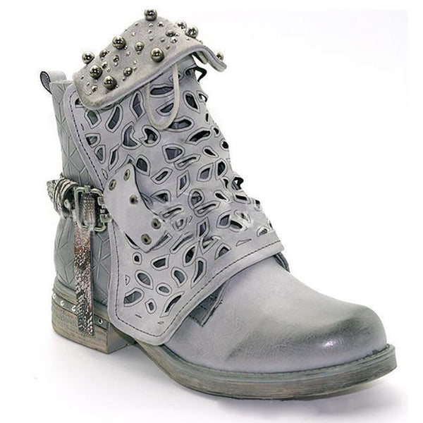 Women Studded Goth Zip Combat Ankle Boots Hollow Carved Tube Buckle Martin Boots
